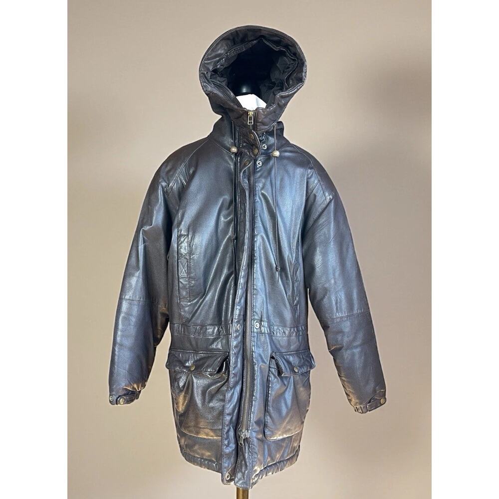 Vintage Eddie Bauer Leather Down Parka Womens L Hooded Brown Winter Coat